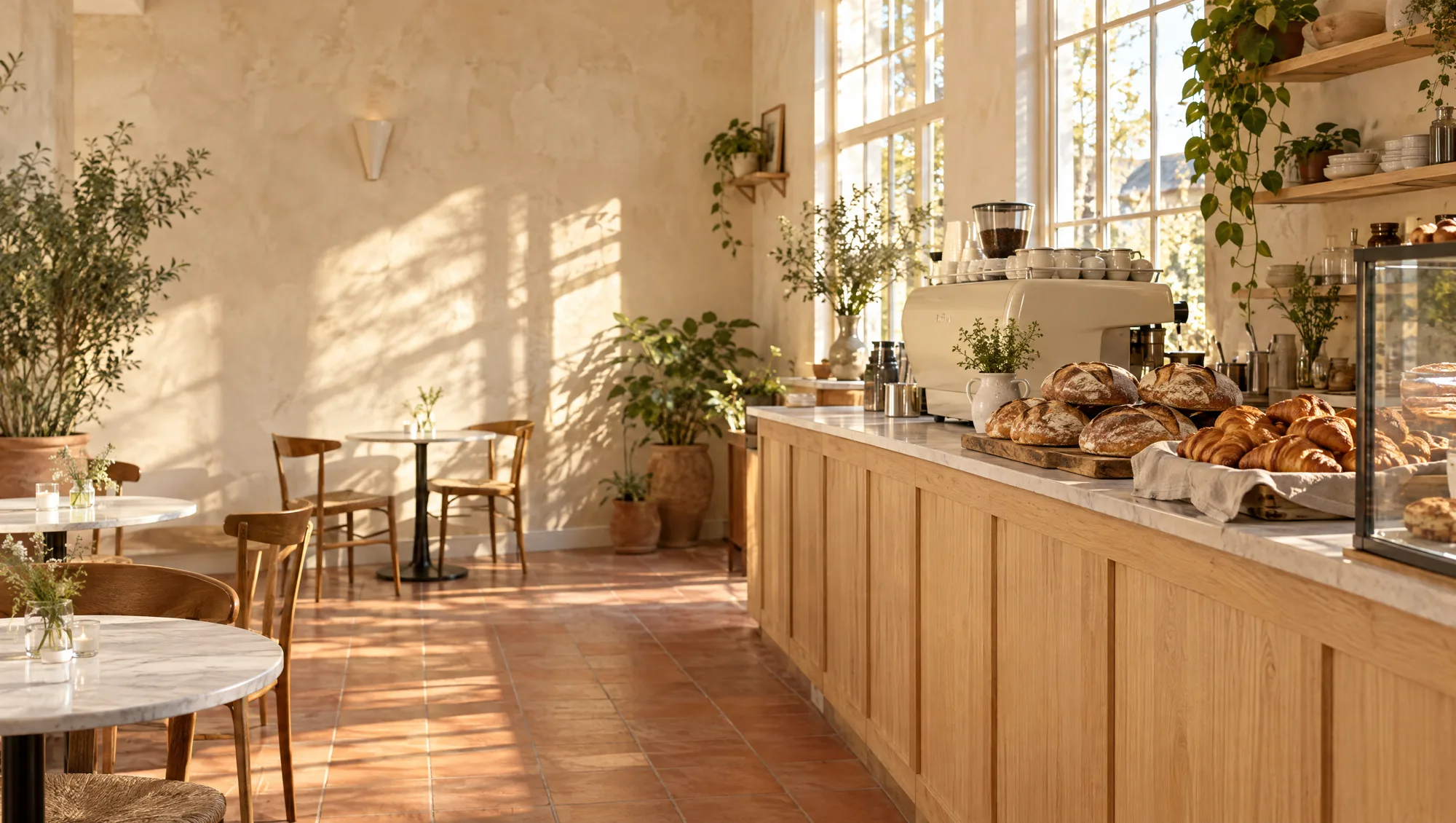 Sunlit café counter lined with fresh sourdough loaves and croissants