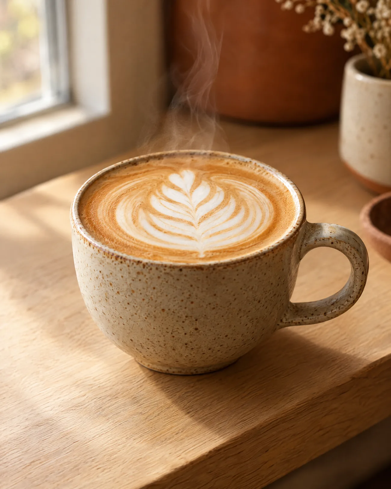 Flat white with rosetta latte art in a speckled ceramic cup