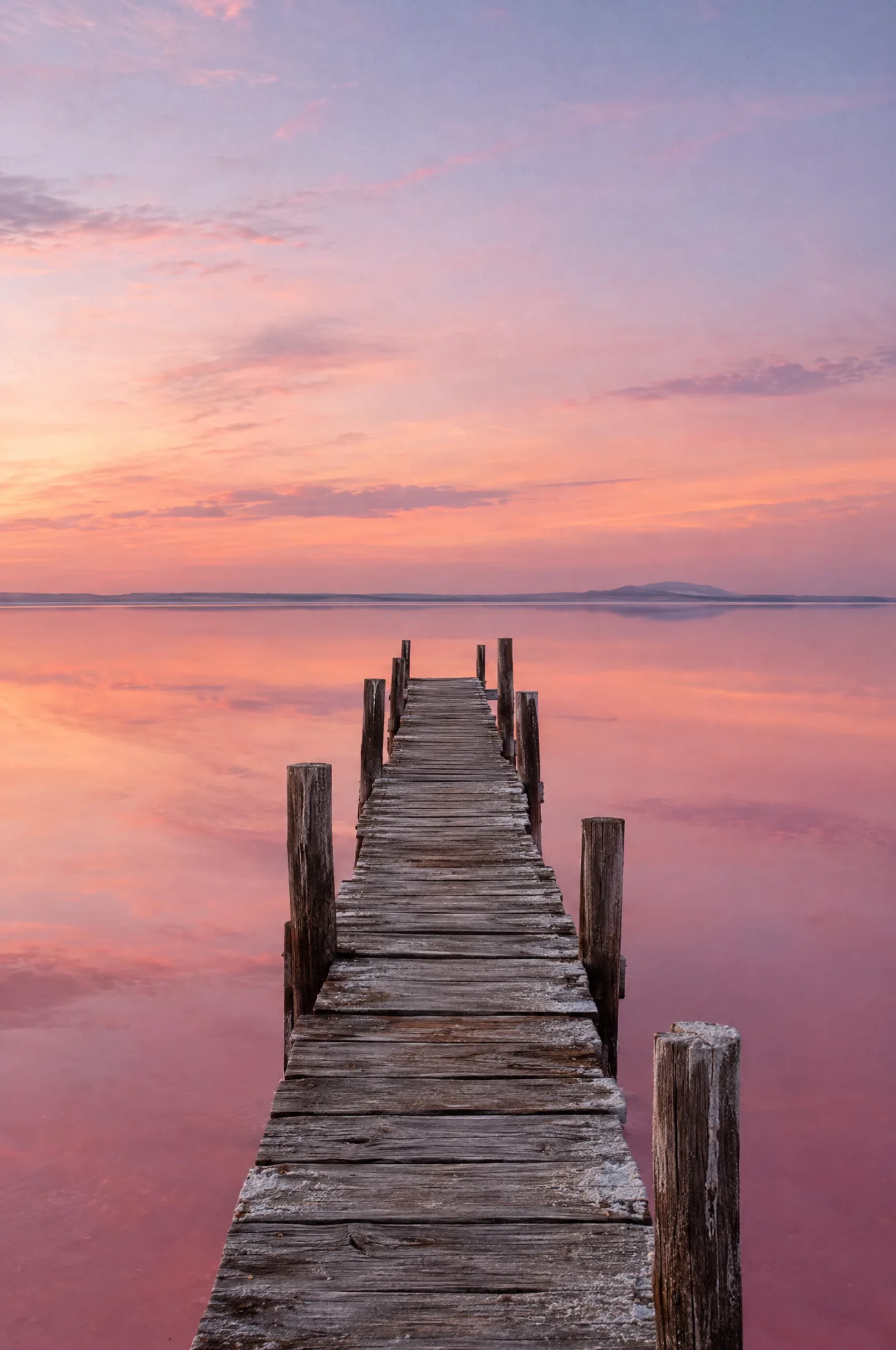 Wooden jetty reaching into a pink salt lake at dusk