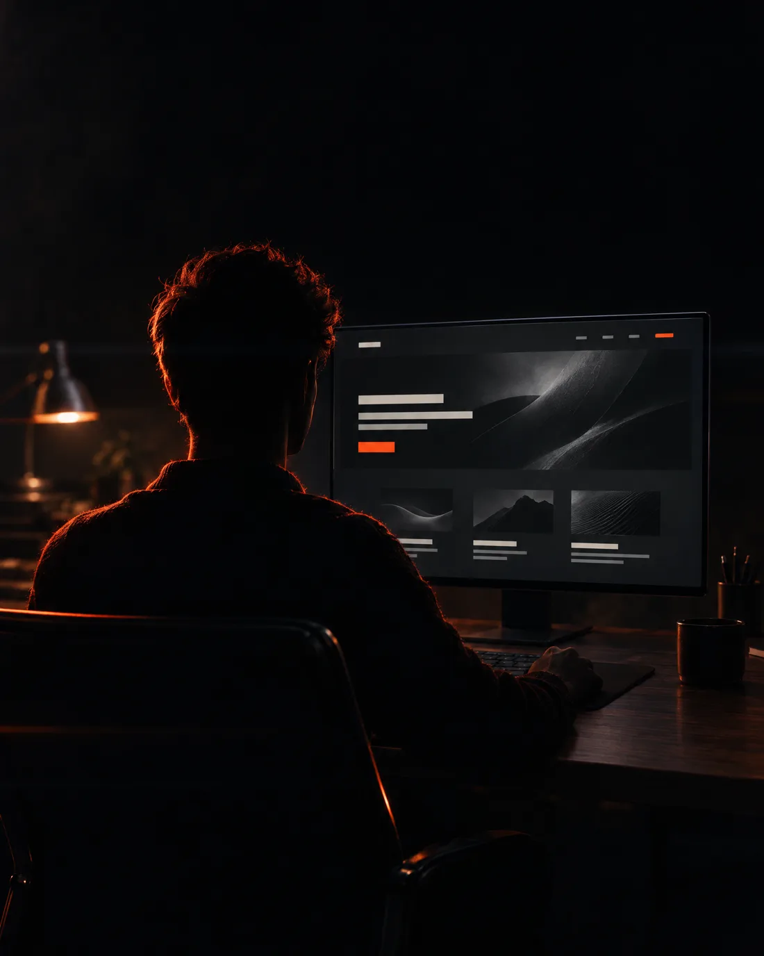Seth, seen in silhouette from behind, working at a desk lit by a monitor and a warm lamp