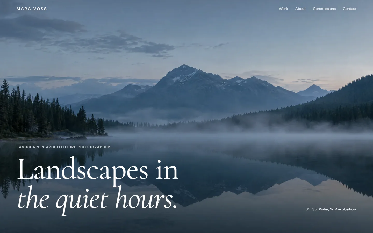 Mara Voss concept site: full-bleed misty lake photograph with large serif headline